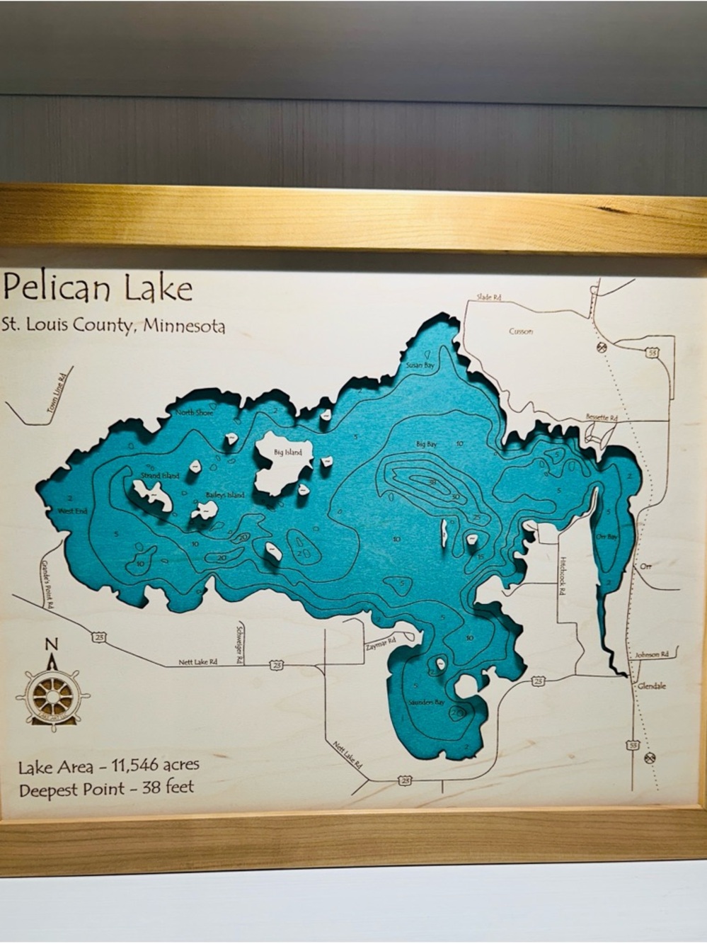 Topographic 3-Dimensional Layered Wooden Map of Pelican Lake Minnesota